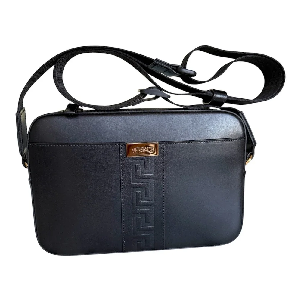Versace Black Box Leather Shoulder Bag Embossed Greca Crossbody 1010737 Italy